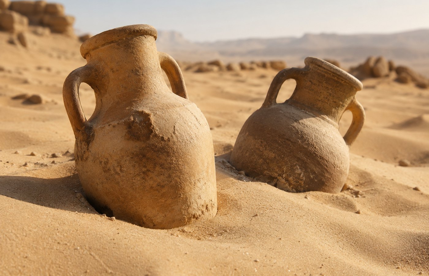 Due fiasche di ceramica senza segni, semisommerse nella sabbia