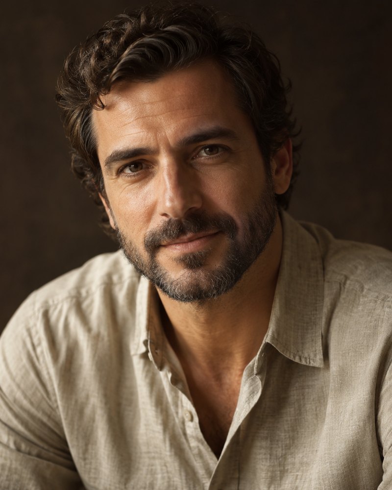Ritratto di Davide Sanna, barba corta, camicia di lino